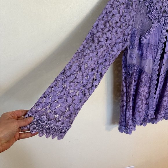 Vintage Womens Purple Lavender Long Sleeve Button Up Shirt Top Medium Lace - Picture 3 of 13